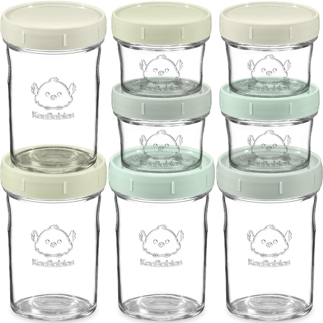 KeaBabies 4pk 8oz & 4pk 4oz Glass Baby Food Containers with Lids - Leak-Proof, Microwavable Small Glass Jars, Baby Purees & Toddler Snack Storage Containers, BPA-Free, Dishwasher & Freezer Safe(Sage)