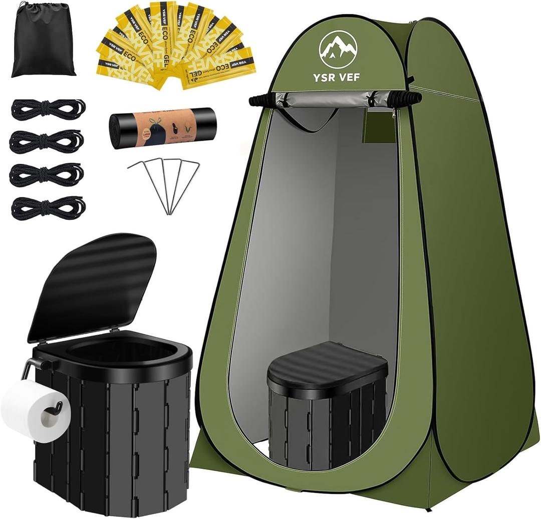 Portable Camping Toilet Kit with Pop-Up Privacy Tent, Washable Outdoor Shower and Changing Room, Includes Toilet Bags and Poo Gel