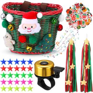 Christmas Bike Basket, Christmas Bike Basket Front Set Include Rattan Woven Bike Baskett with Bells Santa Plush Patterns, Xmas Stickers, Bike Bell, 2 Pcs Ribbons Tassels, Wheel Spoke Decoration (Green)
