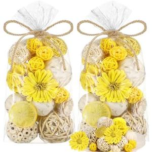 Riceshoot 2 Pack Decorative Balls Potpourri Bowl Filler Decor Natural Vase Bowl Filler Assorted Spherical Rattan Twigs Wicker Balls Cotton for Home Centerpiece(Lemon Yellow)