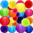 52 Pcs Mexican Fiesta Party Decorations 24 Fiesta Rainbow Tissue Paper Pom Poms 28 Hanging Paper Lanterns for Black History Festival, Cinco De Mayo Rainbow Parties Birthday Baby Shower