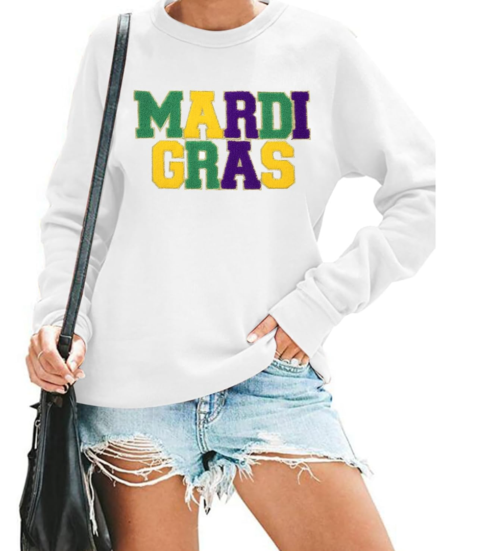 FAYALEQ Mardi Gras Sweatshirt for Women Carnival Outfit Shirt Parade Costume Shirt Funny Holiday Tie Dye Long Sleeve Tops 2XL