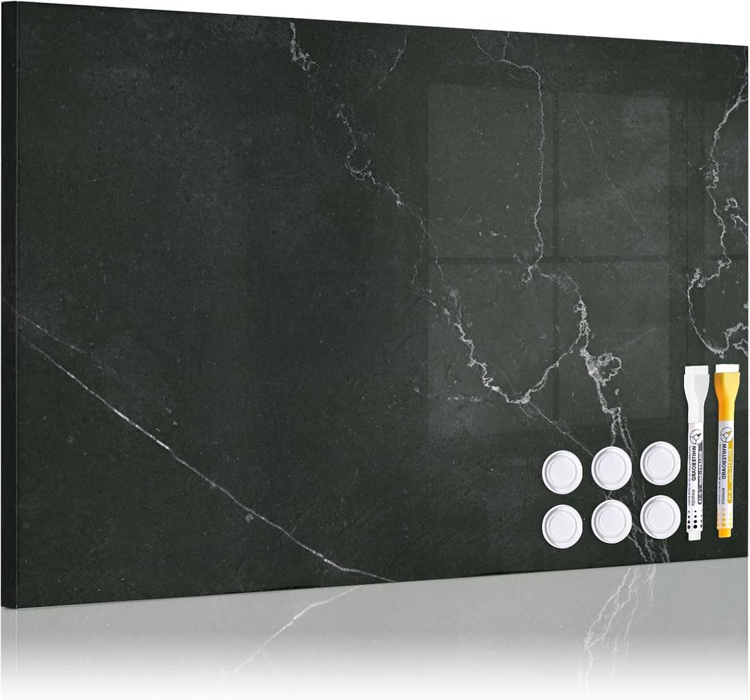 Magnetic Dry Erase Board, 24'' x 18'' Decorative Magnetic Board for Wall, White Board Magnet Board Display Board, Black Marble