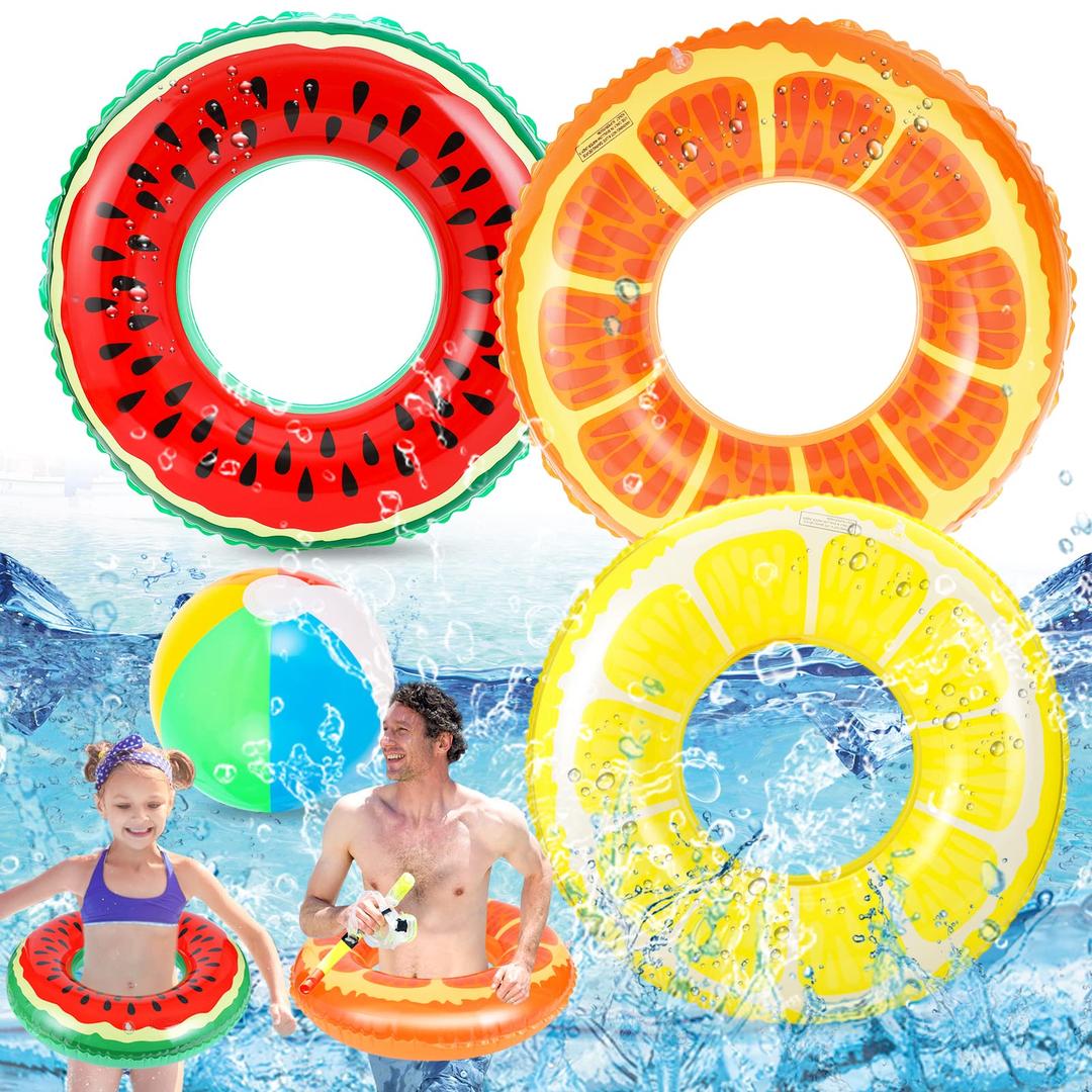 Bennol 3 PCS Swimming Rings with 1 Beach Ball Inflatable Pool Floats for Kids Adults 32.5'' Fruits Pool Floaties Rings Tube Toys for Summer Beach Water Float Party, Swimming Pool, Ocean, Beach Time