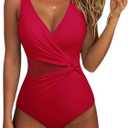 SUUKSESS Women Sexy Mesh Tummy Control One Piece Swimsuit Push Up Bathing Suit (Small, 119 Red)
