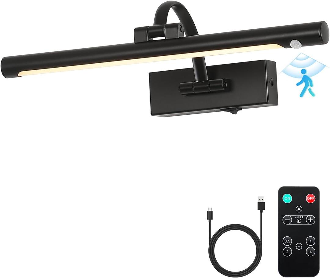 Wireless Picture Lights Battery Operated, Motion Sensor Black Art Lights Motion Activated Gallery Lighting Auto-Off Painting Lights for Portraits 16 Inch 3W Warm White
