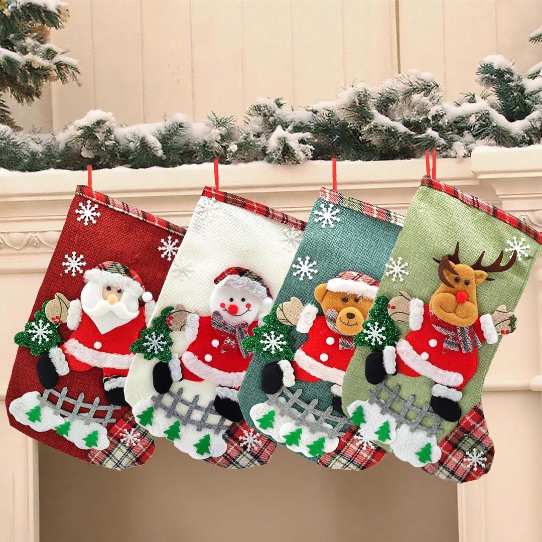 4PCS Personalized Christmas Stocking12 Medium Christmas Stockings Bulk with Santa,Snowman, Reindeer, DogFestive Stockings for Mantel Decor, Family Holiday Season Decor
