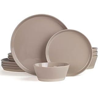 Famiware Saturn 16 Pieces Plates and Double Bowls Sets for 4, Stoneware Dinnerware Set with Pasta Bowl, Dish Set with Trim - Chip & Scratch Resistant, Microwave & Dishwasher Safe, Dark Gray