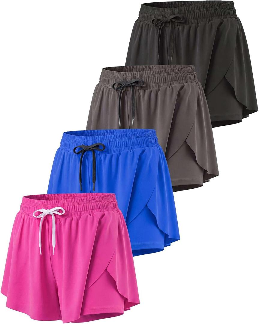 Real Essentials 4 Pack: Womens Flowy Dry Fit Running Short - Spandex Underneath Athletic Workout Gym Shorts (Plus Available) (M)