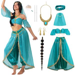 Women Arabian Princess Fairy Costume Set Adult Halloween Dress with Accessories (Medium, Blue)