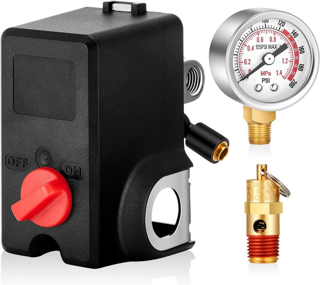 Relaxweex Air Compressor Pressure Switch 26 Amps 120/240 Volts 120-155 Psi with 0-200 Psi Air Gauge 1/8''NPT and Safety pressure relief Valve 1/4 Male NPT