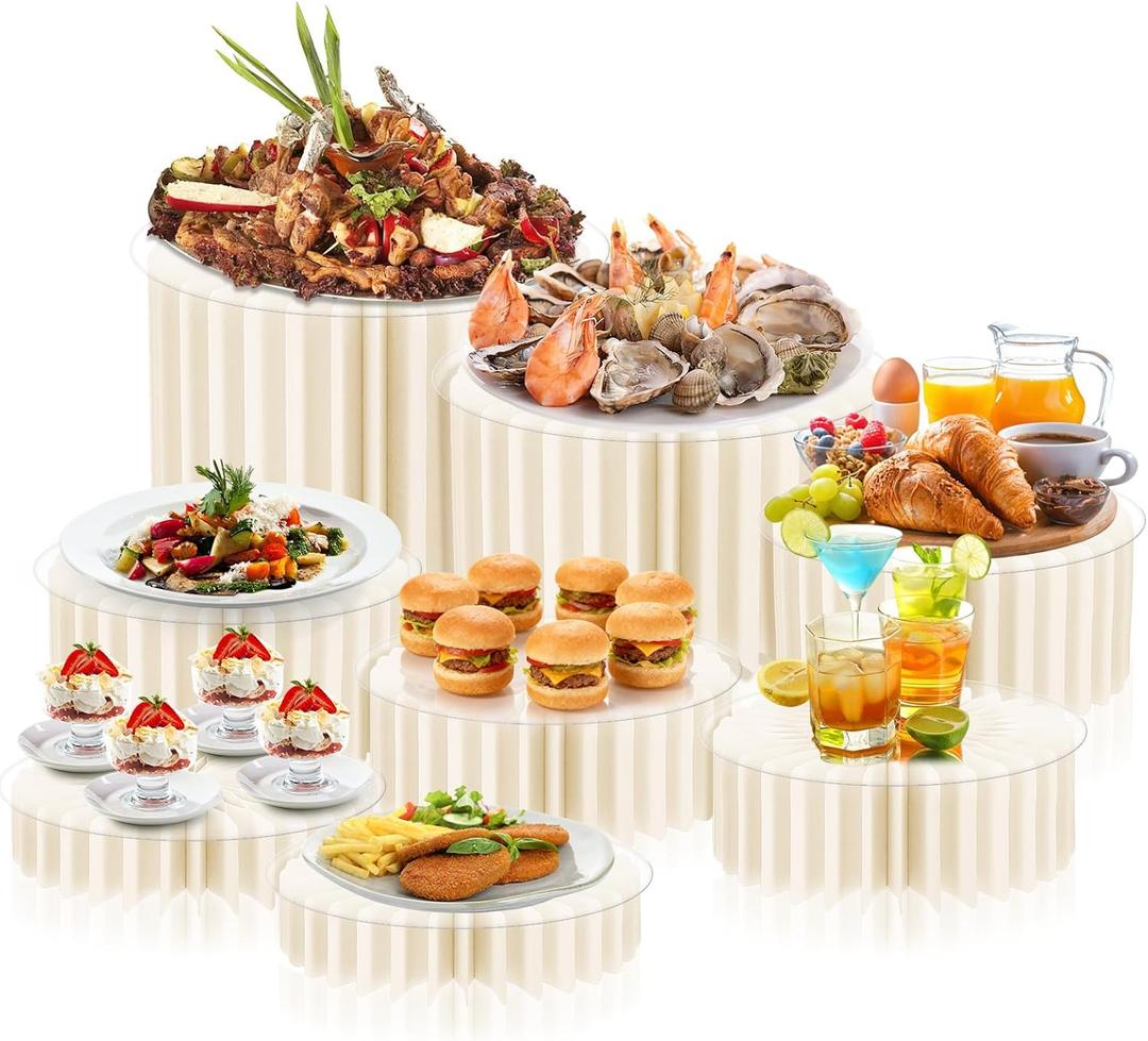 8 Pcs Buffet Risers, Acrylic & Cardboard Foldable Table Food Display Stands with Acrylic Plates Risers for Catering Dessert Cake Jewelry for Wedding Birthday Christmas Party Decorations White