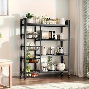Storage Shelves, Adjustable 4-Tier Kitchen Shelves with 4 Wire Baskets, Kitchen Organizers and Storage, Metal Shelf Rack with Wheels for Garage, Pantry, Bathroom, Closet, House Warming Gifts New Home