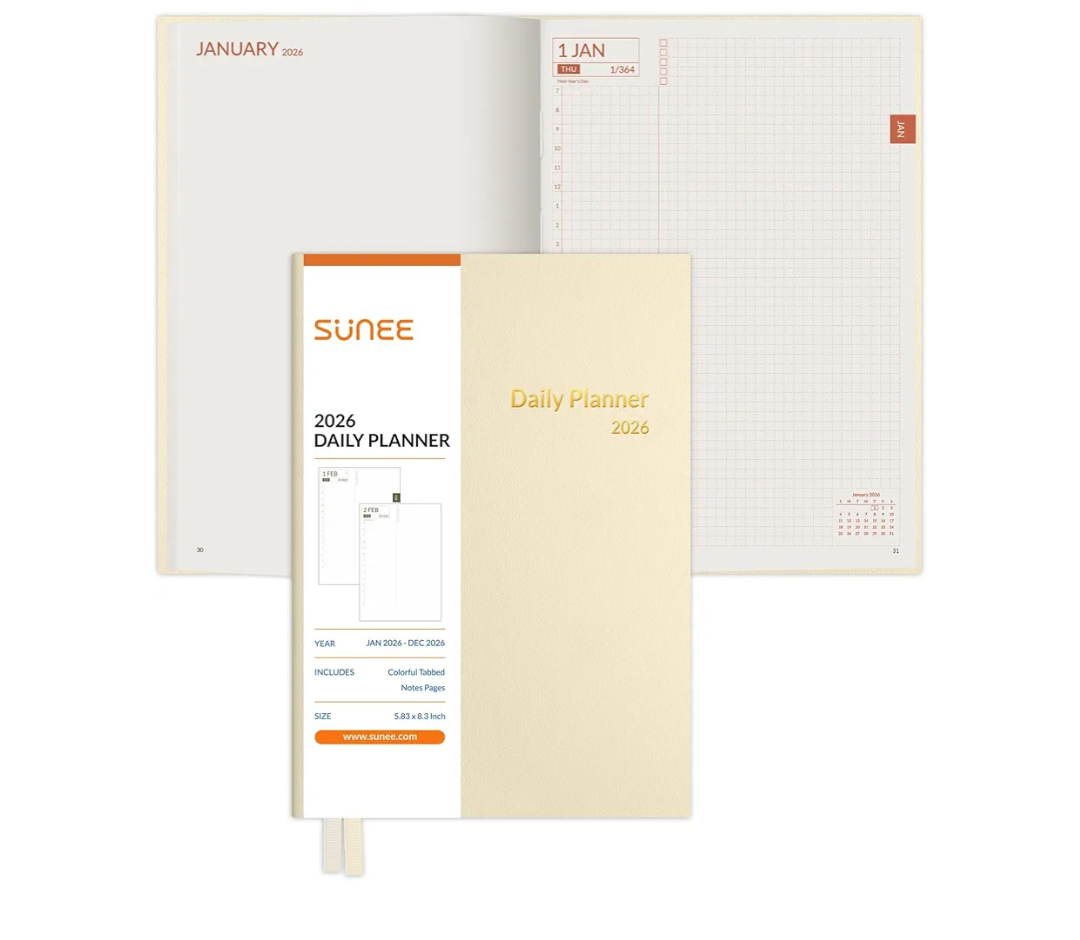 Daily Planner A5 Hardcover – Hourly Schedule Organizer with Monthly Tabs & Task Tracker – Beige Cover Time Management Notebook for Work, School, Personal Goals