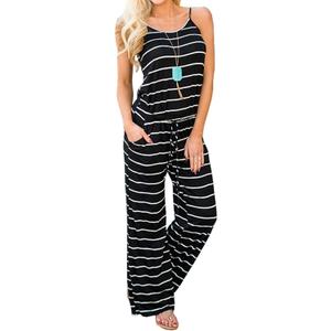 Artfish Women Casual Sleeveless Spaghetti Strap Striped Lounge Pajama Jumpsuit, XX-Large, 2027t Black Striped