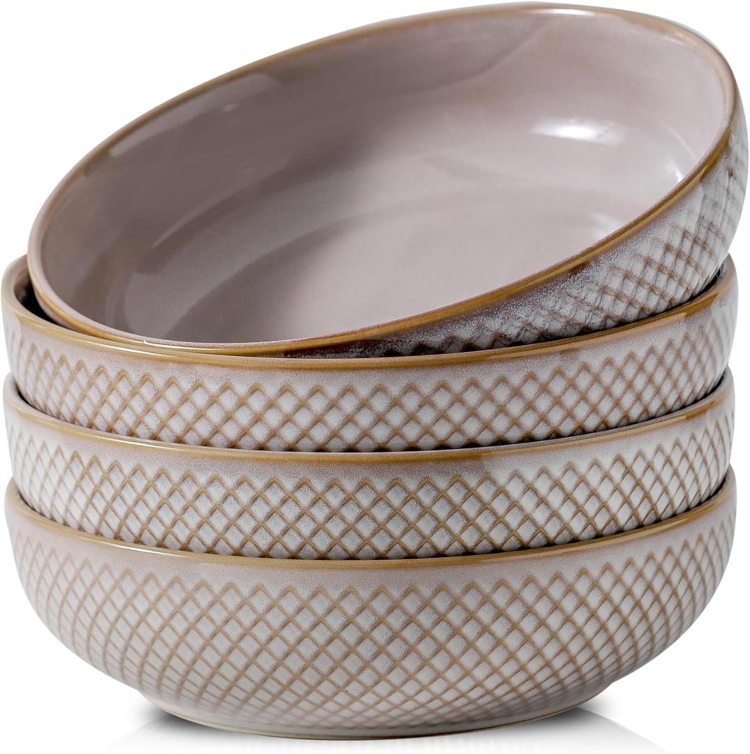 HVH 8.5 inch Large Pasta Bowls Set of 4, 46oz Big Salad Bowl Set of 4, Shallow Bowls, Ceramic Plates Set, Ceramic Bowls Set Microwave and Dishwasher Safe (Sand Color)