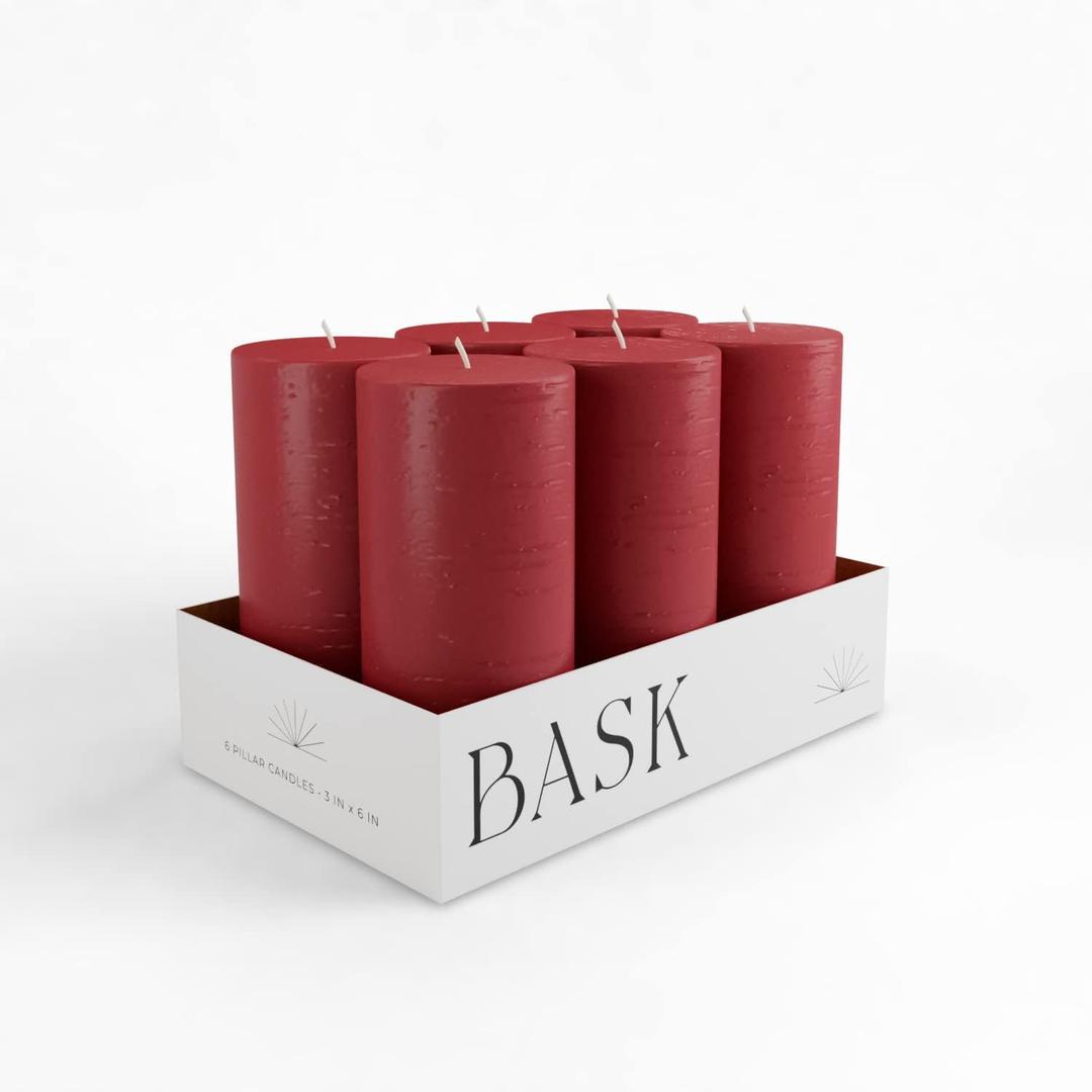 Mottled Pillar Candles by Bask - Set of 6-3" x 6" Dripless Unscented Holiday Candles in Cranberry for Home Decor, Relaxation & All Occasions (Red)