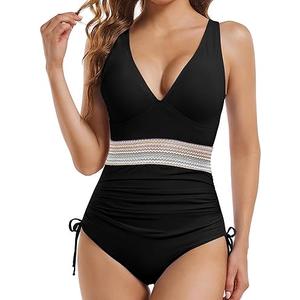 Buauty Women's One Piece Swimsuits Tummy Control Bathing Suits for Womens Color Block Drawstring V Neck Slimming Swimwear XXL