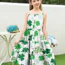 Enlifety 6-12Y Girls Flowy Dress Summer Casual Sundress Spaghetti Straps Printed Dresses (Green)
