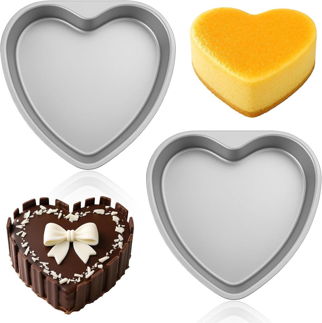 SHENLIU 2Pcs 10 Inch Heart Cake Pan, Aluminum Heart Shaped Cake Tin, Non-stick Cake Baking Pans for Kitchen Birthday WeddingSilver