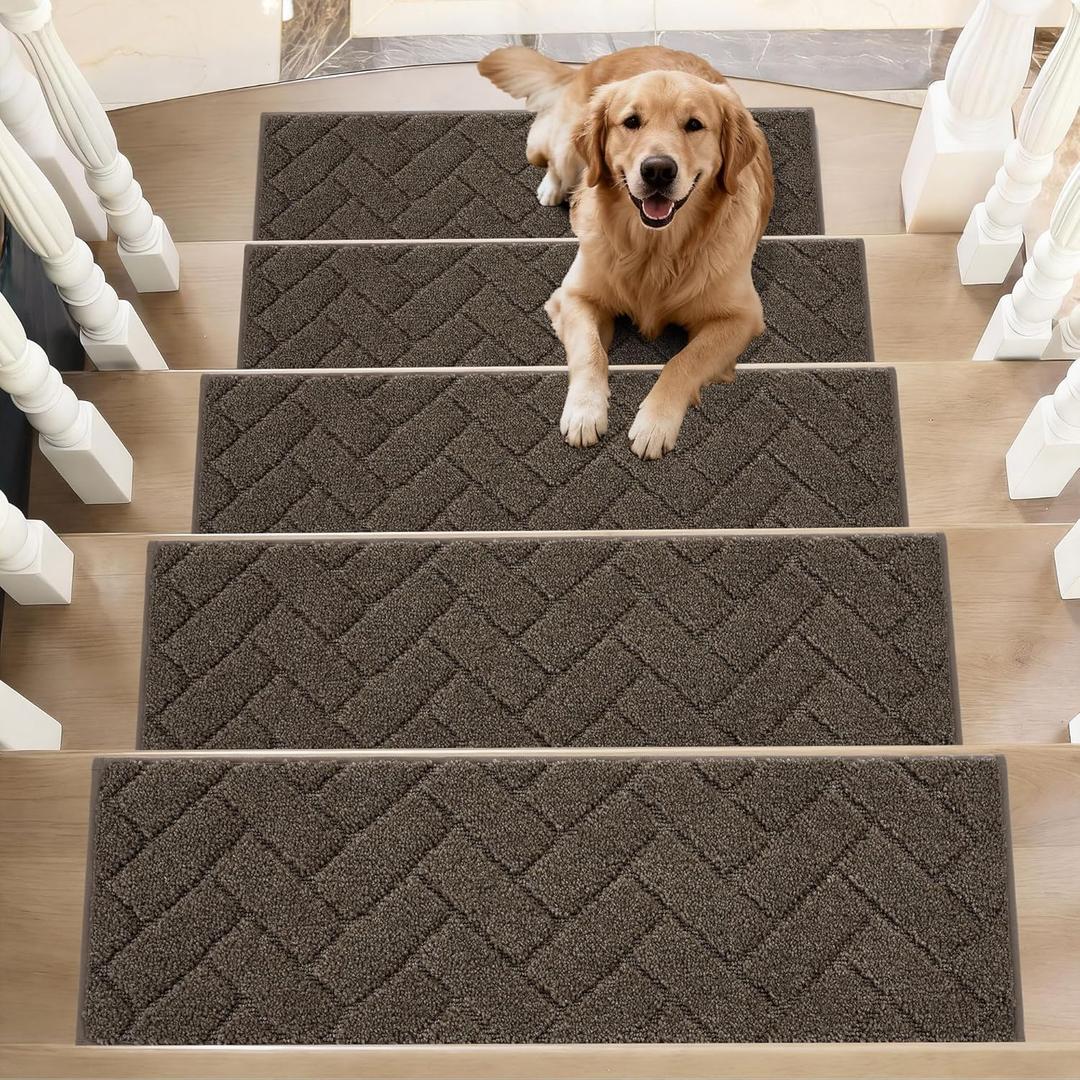 BEQHAUSE Edging Stair Treads for Wooden Steps 9" x 28", Non Slip Carpet Stair Treads Indoor Stair Runners, Soft Stair Rugs, Machine Washable, 100% Polyester, TPE Backing, 15pcs, Brown
