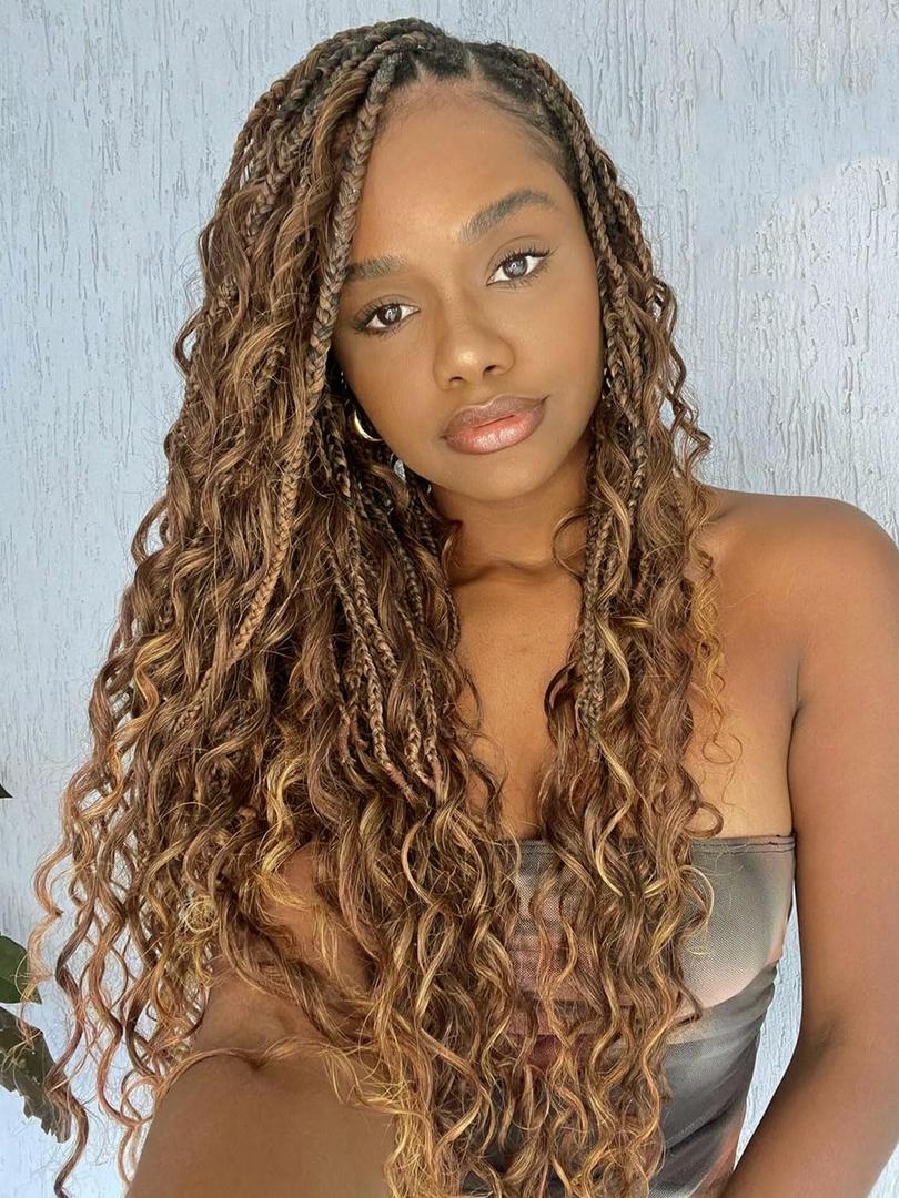 Goddess Bohemian Box Braids Crochet Hair - 18 Inch Crochet Braids with Curly Ends, 7 Packs Synthetic Braiding Hair Extensions for Black Women, M33/30/27