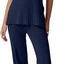 QINSEN Lounge Sets for Women Two Piece Outfits Knit Sleeveless Vented Hemline Tops Wide Leg Pants Sweater Sets, Navy Blue, Size: XL