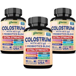 Parrox Colostrum Supplement Capsule, Grass Fed Cow Colostrum with 40% IgG, Probiotics Blend, Elderberry, Astragalus, Zinc, Ginger, Vitamin C, L-Glutamine, 8 in 1 Extra Strength Bovine Boost (180 Caps)