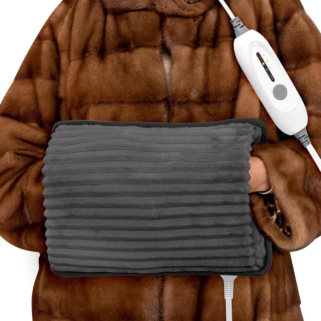 Electric Hand Warmer, Soft Flannel Heated Gloves, Hand Warmer Pouch, Heating Pad for Hands Pain Relief Fingers Arthritis for Women Men Elder, Auto Off & 3 Level, Dark Grey