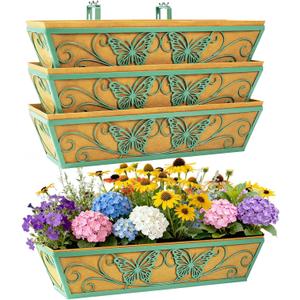 4 Pack 24 Inch Railing Planter Boxes Window Box Planters with Liner | Adjustable Bracket, Heavy Duty Hanging Basket, Metal Butterfly Decor, Retain Moisture Liner, Vibrant Spring Green