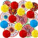 Outus 21 Pcs Carnival Party Decorations with Circus Hanging Paper Fans Red Yellow Blue Paper Pom Poms Tissue Flowers for Ceiling Wall Carnival Circus Theme Birthday Baby Shower Party Favors Supplies