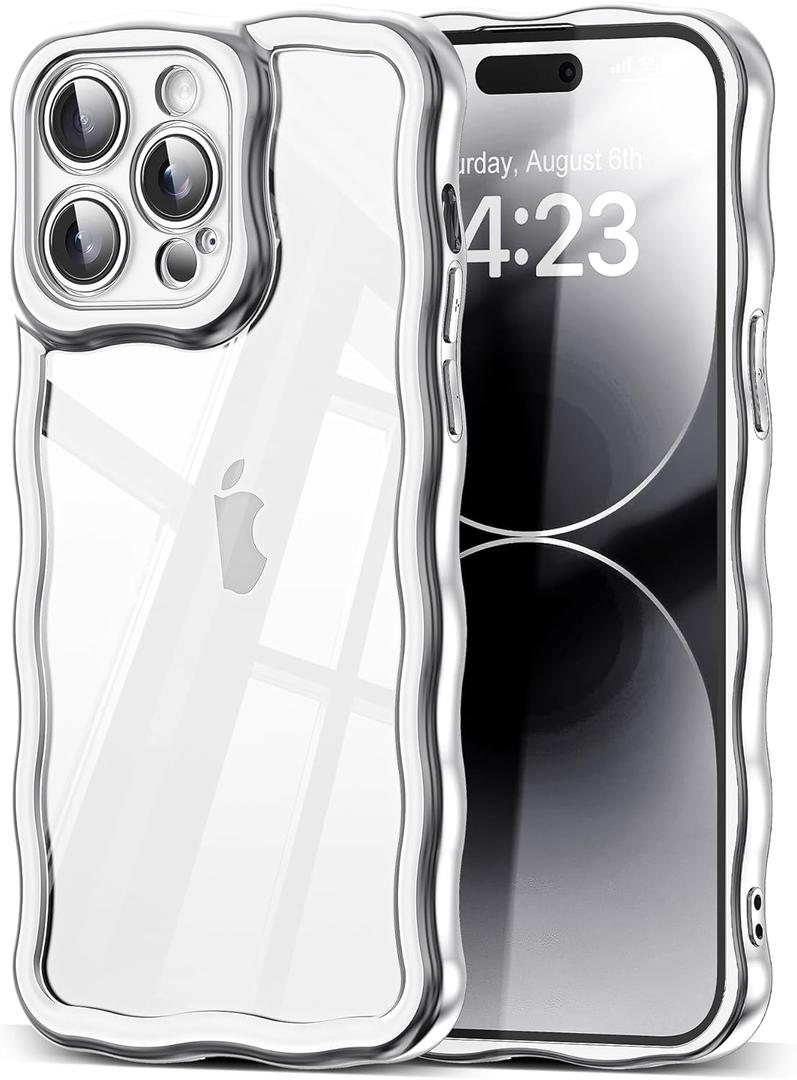 SKYLMW Compatible with iPhone 14 Pro Case, Kawaii Cute Curly Wave Frame Luxury Plating Edge, Stylish Glossy Clear Back, Soft TPU Shockproof Protective Cases for iPhone 14 Pro, Sliver
