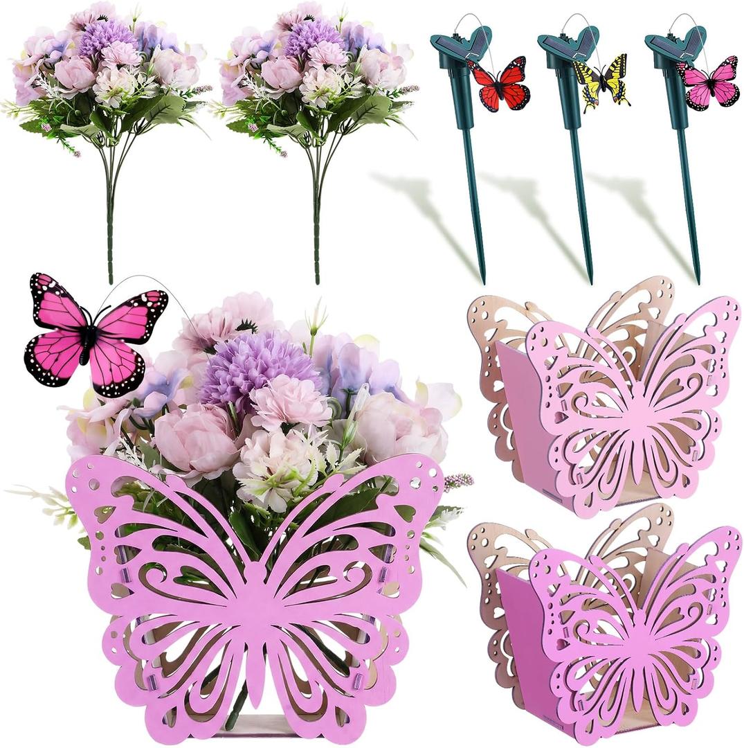 4 Set 16pcs Spring Solar Powered Flying Butterfly Centerpieces Fluttering Solar Butterfly Stakes Moving Tea Party Decorations Artificial Peonies Flower with Boxes for Wedding(Openwork)