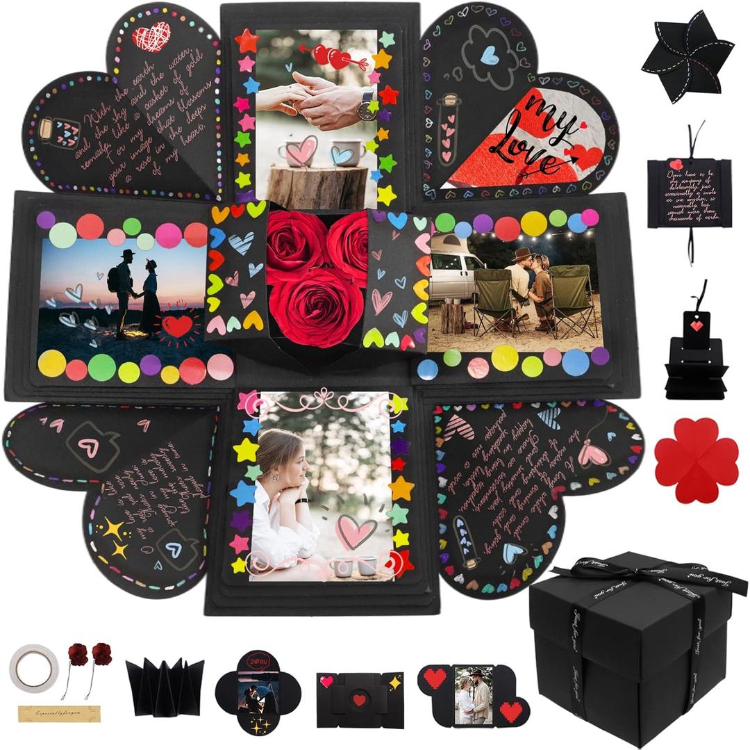 Explosion Box Gifts,Surprise Creative DIY Photo,Exploding Love Box,Love Memory Photo Box with 4 Faces for Anniversary,Birthday,Valentine's Day and Wedding(Black) Square (Black 2)