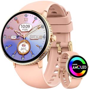 Smart Watches for Women with Diamonds (Make/Answer Call) AMOLED HD Screen Fitness Tracker Heart Rate Sleep Monitor 100+ Sport Modes Waterproof Smartwatch with Various Dials for iPhone Android Phone (Pink)