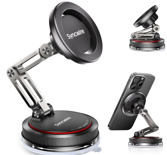 SYNCWIRE for MagSafe Car Mount [3Axis] Nano Adhesive Gel + Strong Suction Cup Magnetic Phone Holder for Dashboard & Windshield, 360° Adjustable for iPhone 17 16 15 14 13 12, Samsung, Matte Black
