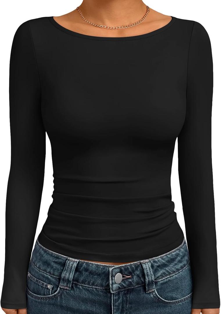 Trendy Queen Women's Boat Neck Tops Long Sleeve Shirts Casual Fitted Tee Shirts Solid Color Fall Basic Clothes (Black, Small)