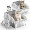 2 Pack Stainless Steel Litter Box for Kitty | Metal Kitty Litter Box with Lid High Sided for Small Cats or Injured Cats, Bunny Litter Boxes, Low Entry, Odor-Free, Non-Stick,Includes Scoop