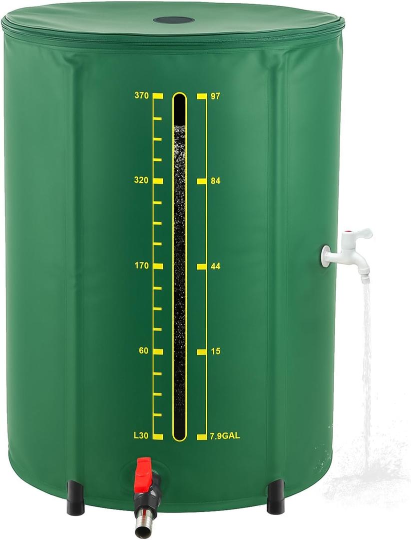 100 Gallon Rain Barrel with Water Level Indicator, Detachable Filter Screen Designed for Rain Water Collection Barrel, Rain Barrels to Collect Rainwater from Gutter with Spigots and Overflow Kit (Green)