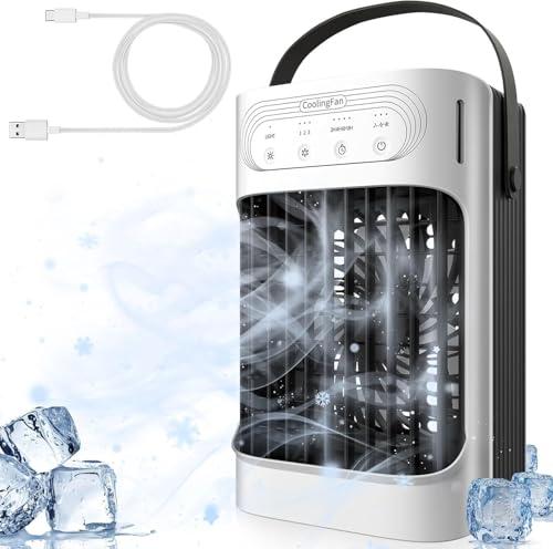 Small Portable Air Conditioners, 3 in 1 Evaporative Air Cooler with 3 Speeds, 3 Mists, 2-8H Timer, 7 Color Lights, 800ML Personal AC Unit, 120° Adjust Mini Desktop Fan for Home Bedroom Office