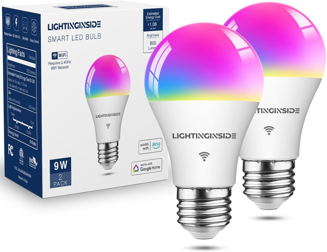 Lightinginside Smart Light Bulbs 60W Equivalent, WiFi Smart Bulb Compatible with Alexa/Google Assistant/Smart Life, A19 E26 RGBCW Color Changing, No Hub Required,2.4G WiFi, ETL Listed, 9W 800LM, 2PCS