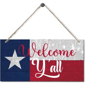 Patriotic Welcome Sign for Front Door, Welcome Yall Wooden Door Hanger, Texas Flag Welcome Sign, Red White Blue Wall Decor, Independence Day Home Decoration, Rustic Farmhouse Porch Decor 12 * 6INCH