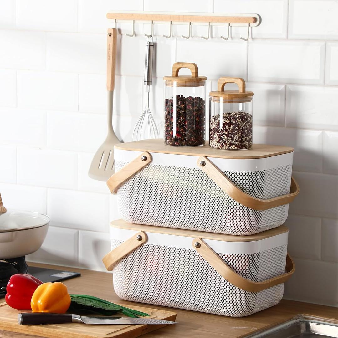 Pack Plastic Mesh Baskets with Wood Handle and with Lids White Garden Harvest Basket Mesh Fruit Vegetable Storage Bins for Gathering Vegetables Pantry Kitchen Garden Picnic Organizer