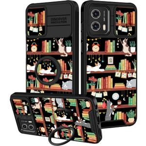 for Moto G Power 5G 2024 Case - Women Girls Cute Phone Cover Girly Pretty Aesthetic Cat and Books Unique Design with Camera Cover and Ring Stand Funda for Motorola G Power 5G 2024