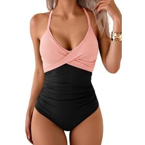 B2prity Women's One Piece Swimsuits Tummy Control Front Cross Bathing Suits Tie Back Slimming V Neck Swimwear,size Large
