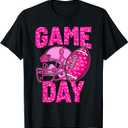 Leopard Game Day Pink American Football Tackle Breast Cancer T-Shirt, L