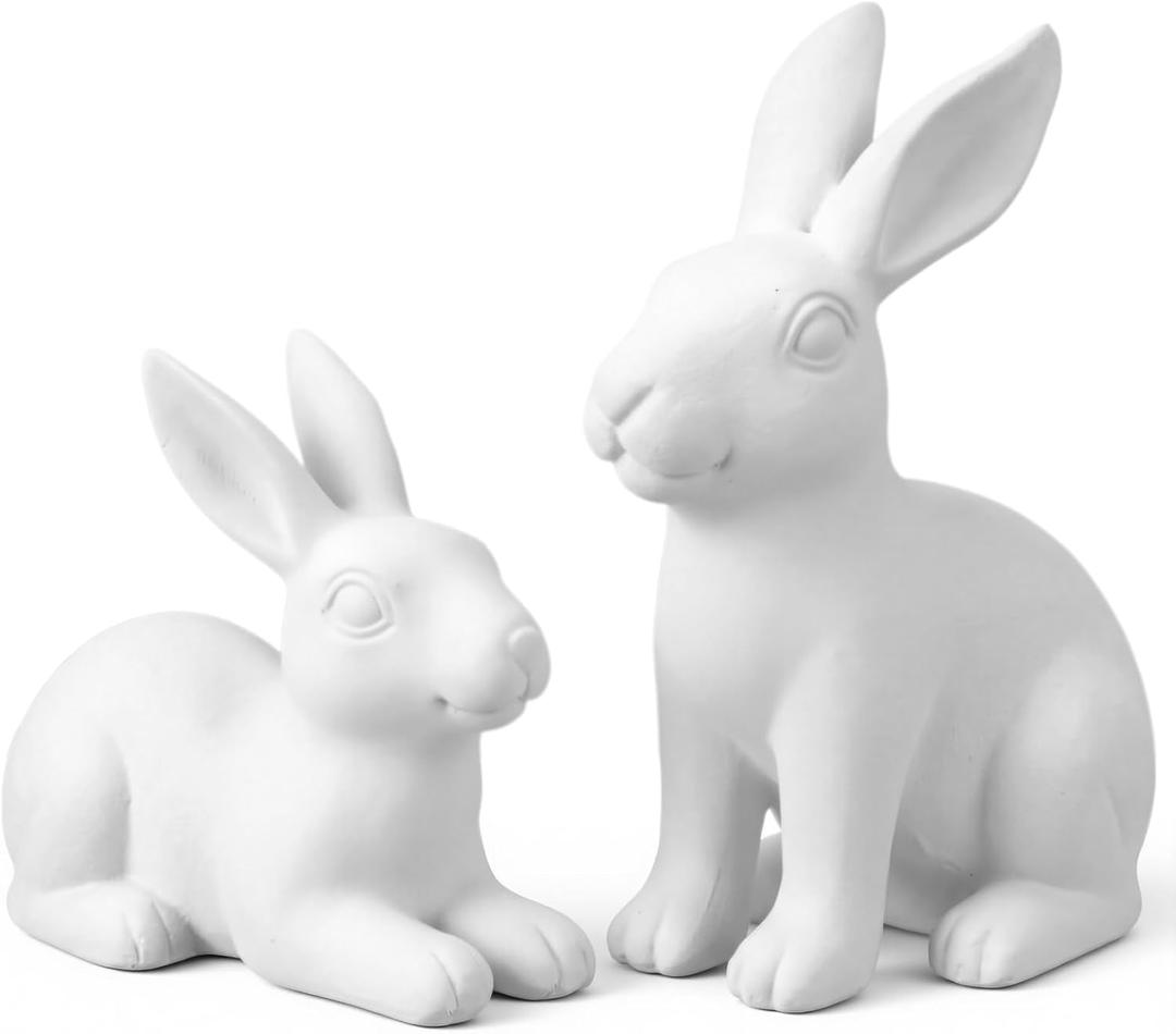Set of 2 White Frosted Rustic Easter Bunny Figurines - Distressed Resin Rabbit Statues for Farmhouse Home Decor - Vintage Spring Bunny Ornaments for Tabletop, Mantel & Shelf Display