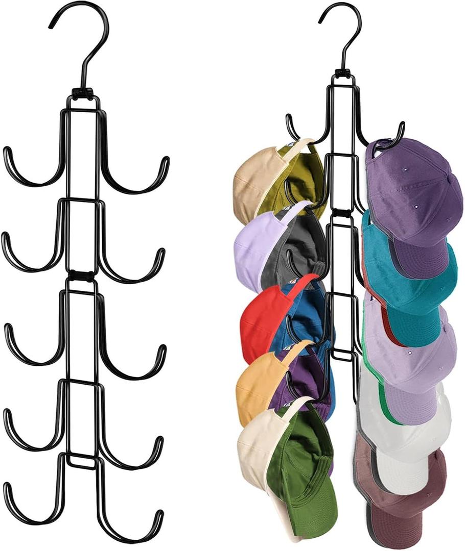 Hat Organizer for Closet, Collapsible Metal Caps Rack with 10 Large Hooks, Holds Up to 40 Baseball Caps, Rotatable Space Saving Hat Hanger for Closet Organizers and Storage, Black
