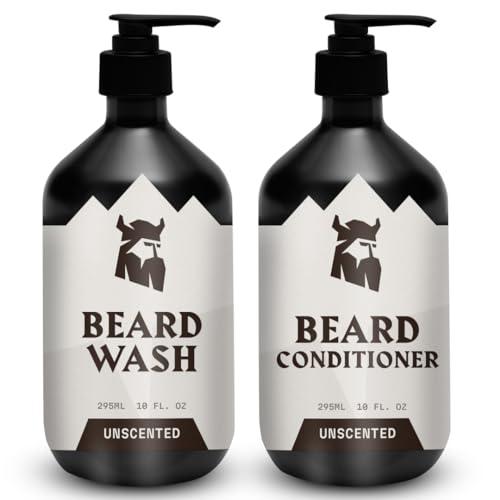 Striking Viking Beard Wash & Beard Conditioner for Men - Unscented, 10 Oz per Bottle - Nourishing & Deep Cleansing Shampoo - Sulfate Free Shampoo Conditioner with Jojoba Oil