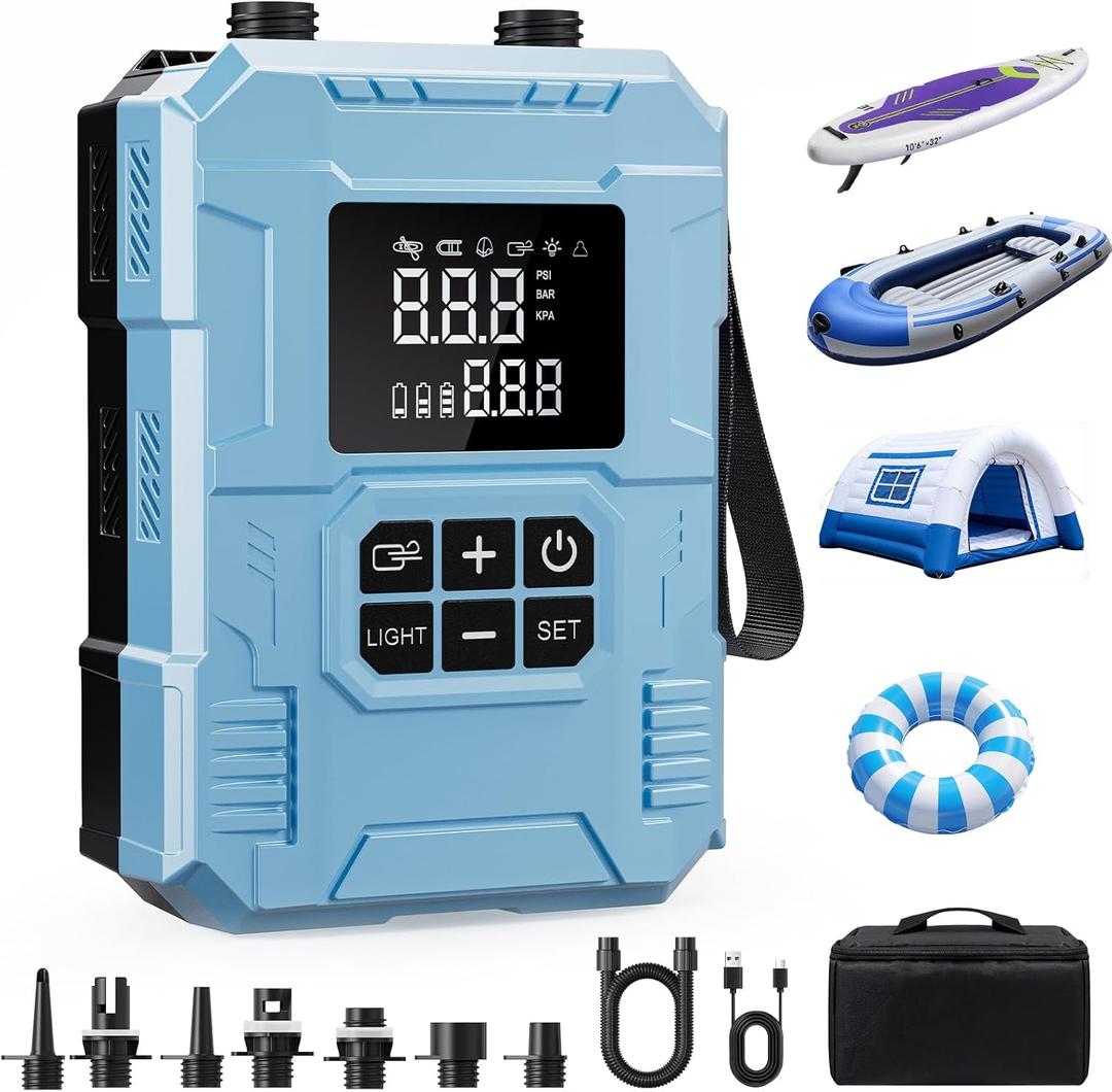 S8 Electric Paddle Board Pump, 22 PSI Cordless Rechargeable SUP Pump, 4X Faster Dual-Stage Inflation & Deflation, Portable Air Pump with LED Light & Auto-Off for SUP, Kayak, Surfing Kite, Boat (Blue)
